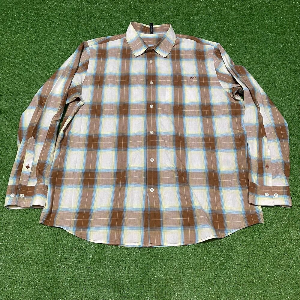 RVCA Mens XXL Plaid Button Up Shirt Long Sleeve Brown Blue PM Tenore Skate Surf